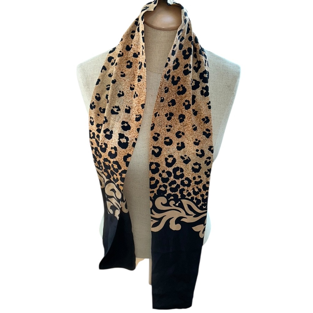Vintage 90s tan black leopard animal print vine scarf 56x8